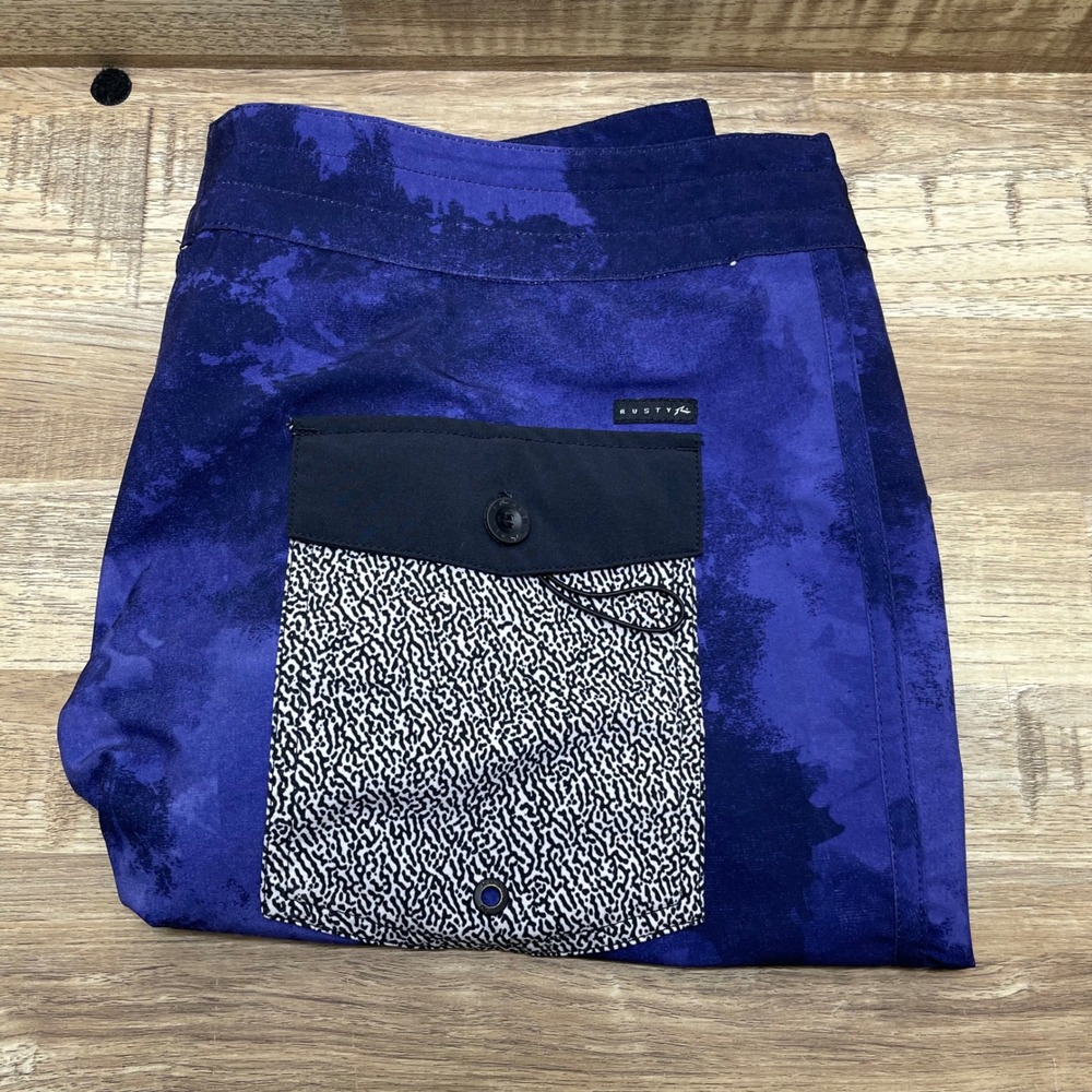 Rusty Mens Blue Purple Tie Dye Board Shorts 32 Performance Surf Trunks Abstract